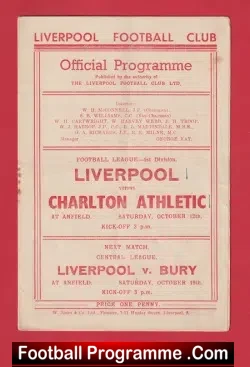 Liverpool v Charlton Athletic 1946 – 1940s Programmes