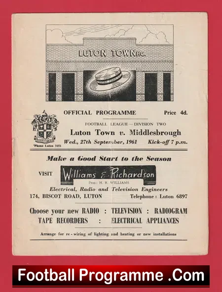 Luton Town v Middlesbough 1961 - Multi Autographed SIGNED
