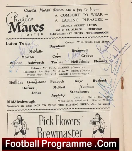 Luton Town v Middlesbough 1961 - Multi Autographed SIGNED