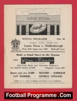 Luton Town v Middlesbough 1961 - Multi Autographed SIGNED - football programme
