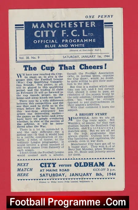 Manchester City v Bury 1944 – War Time Football Programmes