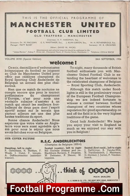 Manchester United v Anderlecht RSC 1956 - 1st European Match