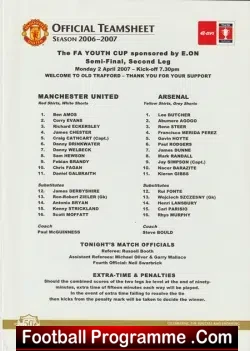 Manchester United v Arsenal 2007 - Youth Cup Semi Final - football programme