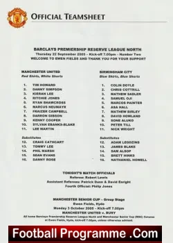 Manchester United v Birmingham City 2005 - Reserves Match - football programme