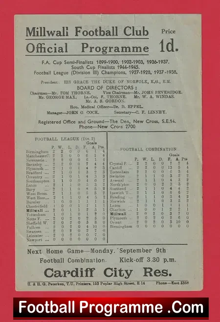 Millwall v Swindon Town 1946 – Football Combination League
