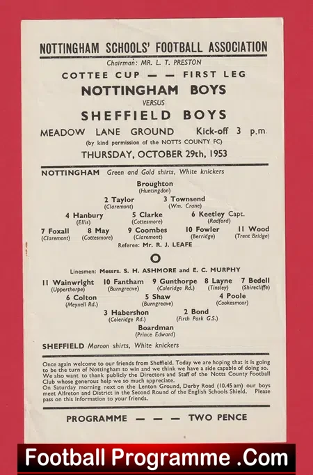 Nottingham Boys v Sheffield Boys 1953 – Single Sheet