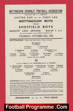 Nottingham Boys v Sheffield Boys 1953 – Single Sheet