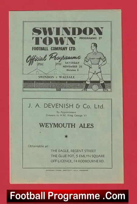 Swindon Town v Walsall 1948 – 1940’s Football Programme