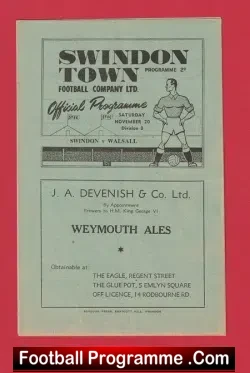 Swindon Town v Walsall 1948 – 1940’s Football Programme