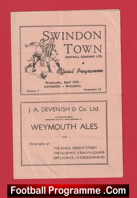 Swindon Town v Walsall 1948 – 1940s Football Programmes