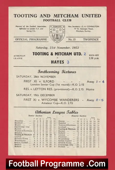 Tooting Mitcham United v Hayes 1953