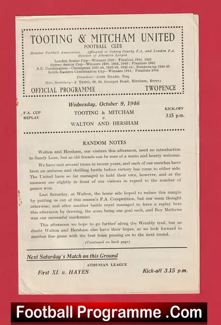 Tooting Mitcham v Walton Hersham 1946 – FA Cup Replay