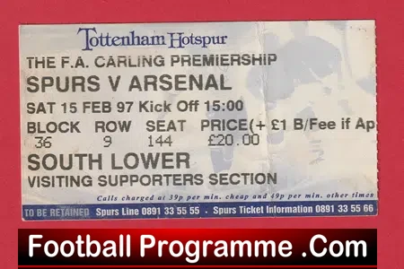 Tottenham Hotspur v Arsenal 1997 – Football Ticket