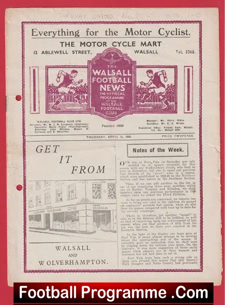 Walsall v Torquay United 1948 – 1940s Programme
