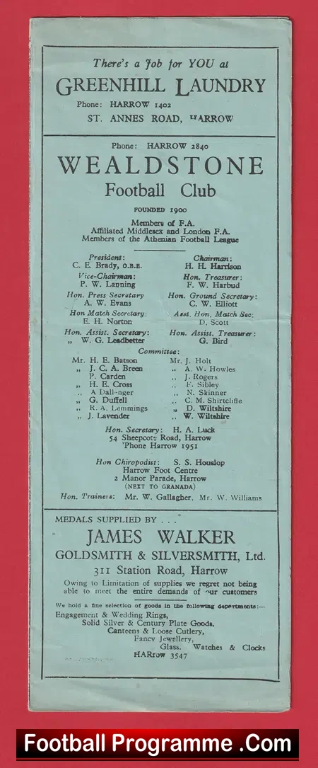 Wealdstone v Redhill 1948 – 1940s Programmes