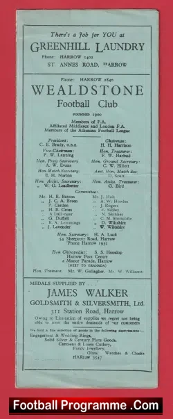 Wealdstone v Redhill 1948 – 1940s Programmes
