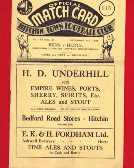 Bedfordshire v Hertfordshire 1931 – 1930s Football Programme