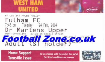 West Ham United v Fulham 2004 - Football Ticket Stub