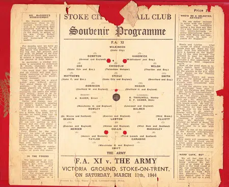 Army v FA XI 1944 – at Stoke City – Very rare !