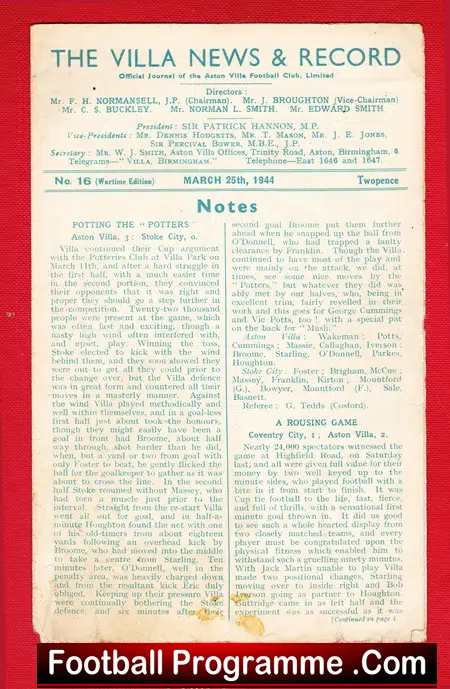 Aston Villa v Coventry City 1944 – The War Cup