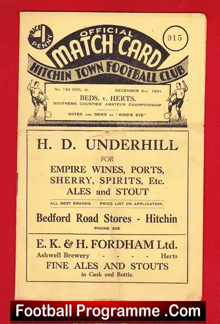 Bedfordshire v Hertfordshire 1931 – 1930s Football Programme