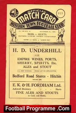 Bedfordshire v Hertfordshire 1931 – 1930s Football Programme