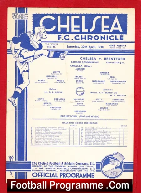 Chelsea v Brentford Town 1938 – Old 1930s Programme