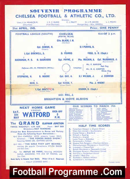 Chelsea v Brighton 1945 – 1940s Football Memorabilia