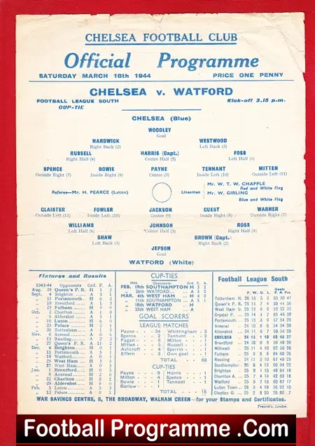 Chelsea v Watford 1944 – War Time Programme