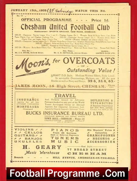 Chesham United v RAF Uxbridge 1929 – 1920s Football Programme