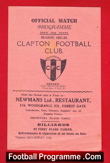 Clapton v GER 1921 – Great Eastern Railway 1920s Football Programme