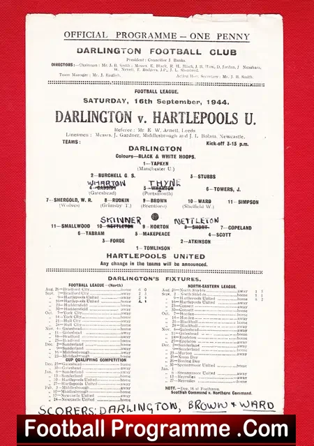 Darlington v Hartlepool United 1944 – 1940s Football Programme
