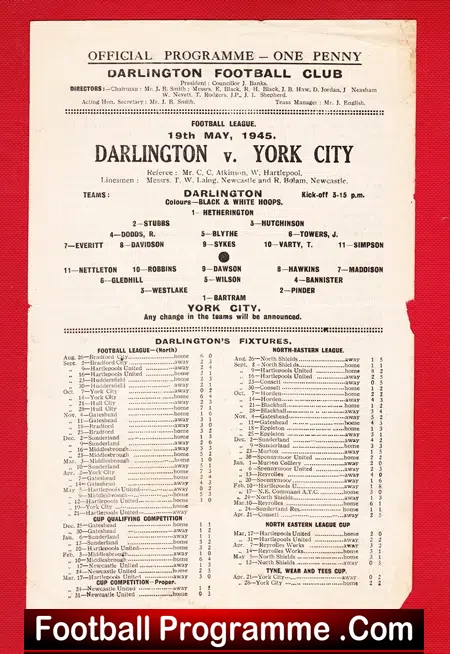 Darlington v York City 1945 – 1940s Football Programme