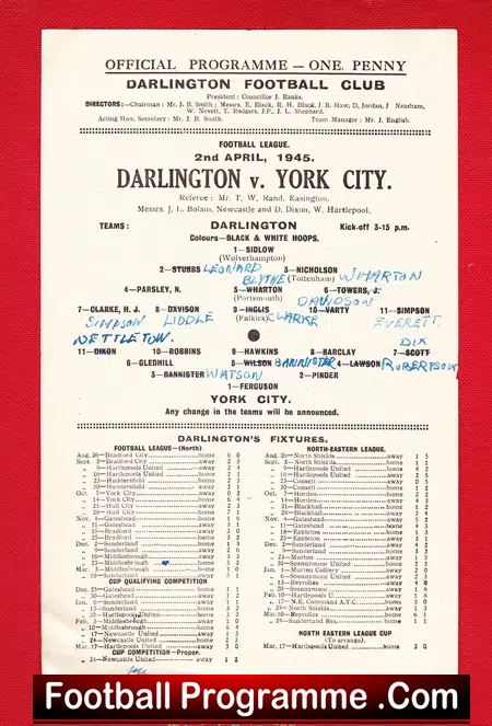 Darlington v York City 1945 – 40s Football Memorabilia