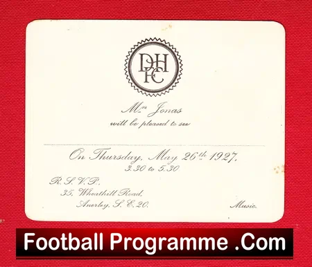 Dulwich Hamlet Football Club Invitation card 1927 – rare 1920s