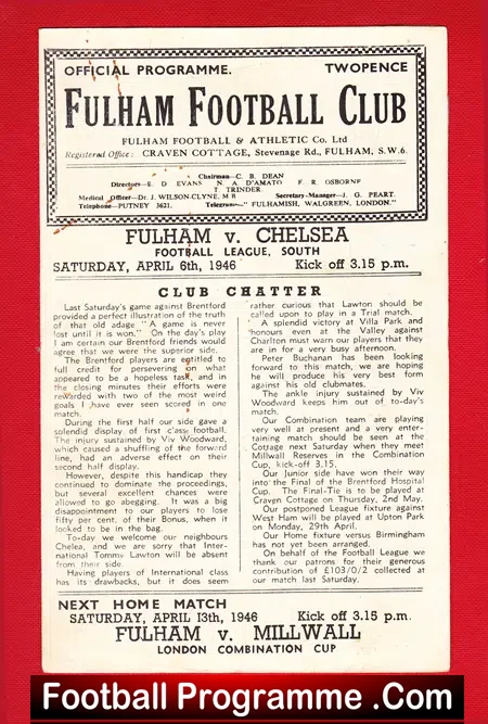 Fulham v Chelsea 1946 – Plus Newspaper Articles