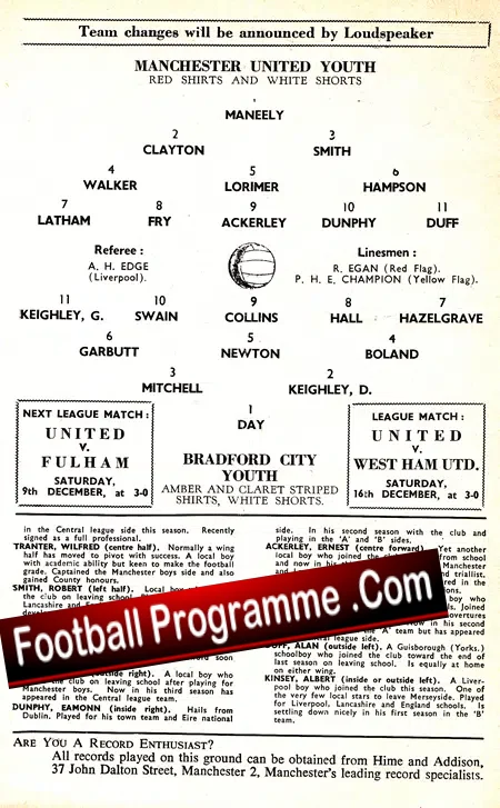 Manchester United v Bradford City 1961 – Youth Cup Match