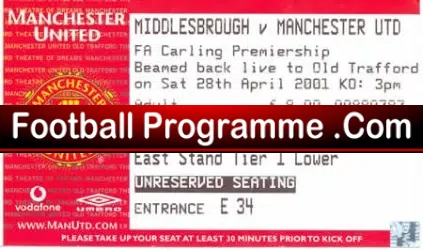 Middlesbrough v Manchester United 2001 Ticket Stub Beam Back