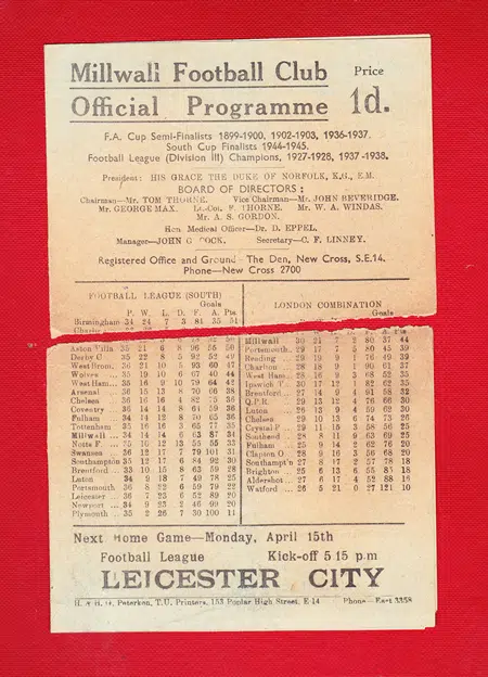Millwall v Charlton Athletic 1946 – Old 1940s Programme
