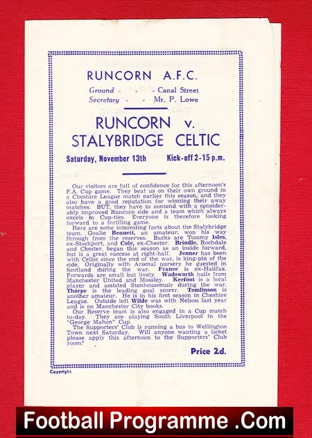 Runcorn v Stalybridge Celtic 1948 – 1940s Football Programmes