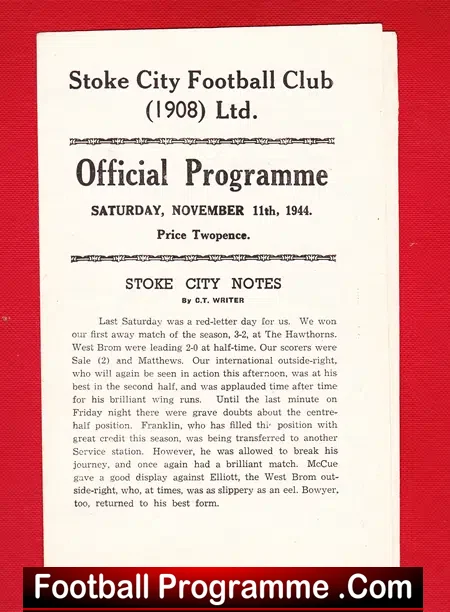 Stoke City v WBA 1944 - 1940s Football Programme