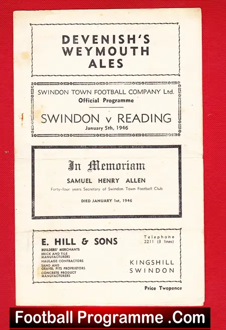 Swindon Town v Reading 1946 – 1940s Football Programme