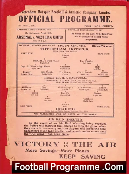 Tottenham Hotspur v Reading 1943 – War Time Issue