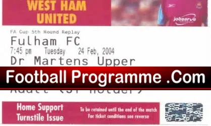 West Ham United v Fulham 2004 – Football Ticket Stub
