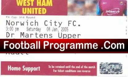 West Ham United v Norwich City 2005 – Football Ticket Stub