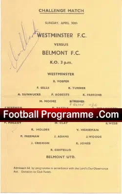Westminster v Belmont Town 1961 + Autograph Clive Clark