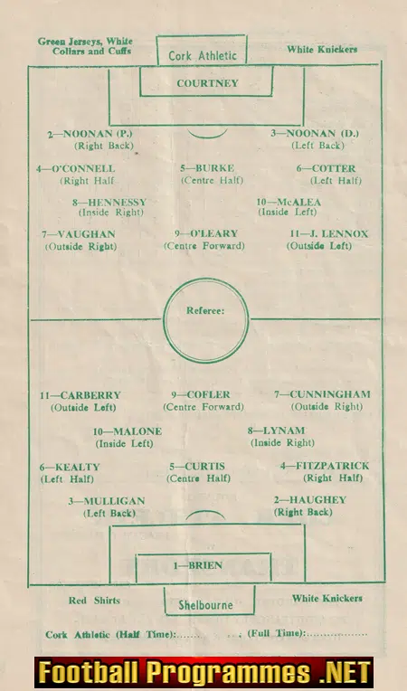 Cork Athletic v Shelbourne 1951 - Irealnd Irish Programmes