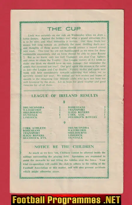 Cork Athletic v Shelbourne 1951 - Irealnd Irish Programmes
