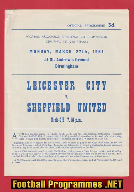 Leicester City v Sheffield United 1961 FA Cup Replay Birmingham