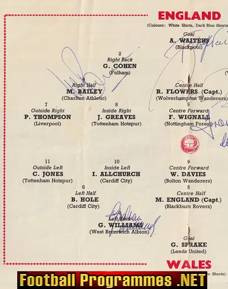 England v Wales 1964 - Multi Autographed SIGNED
